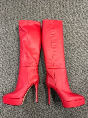 Identita Italy Women's Red Platform Knee-High Heeled Boots